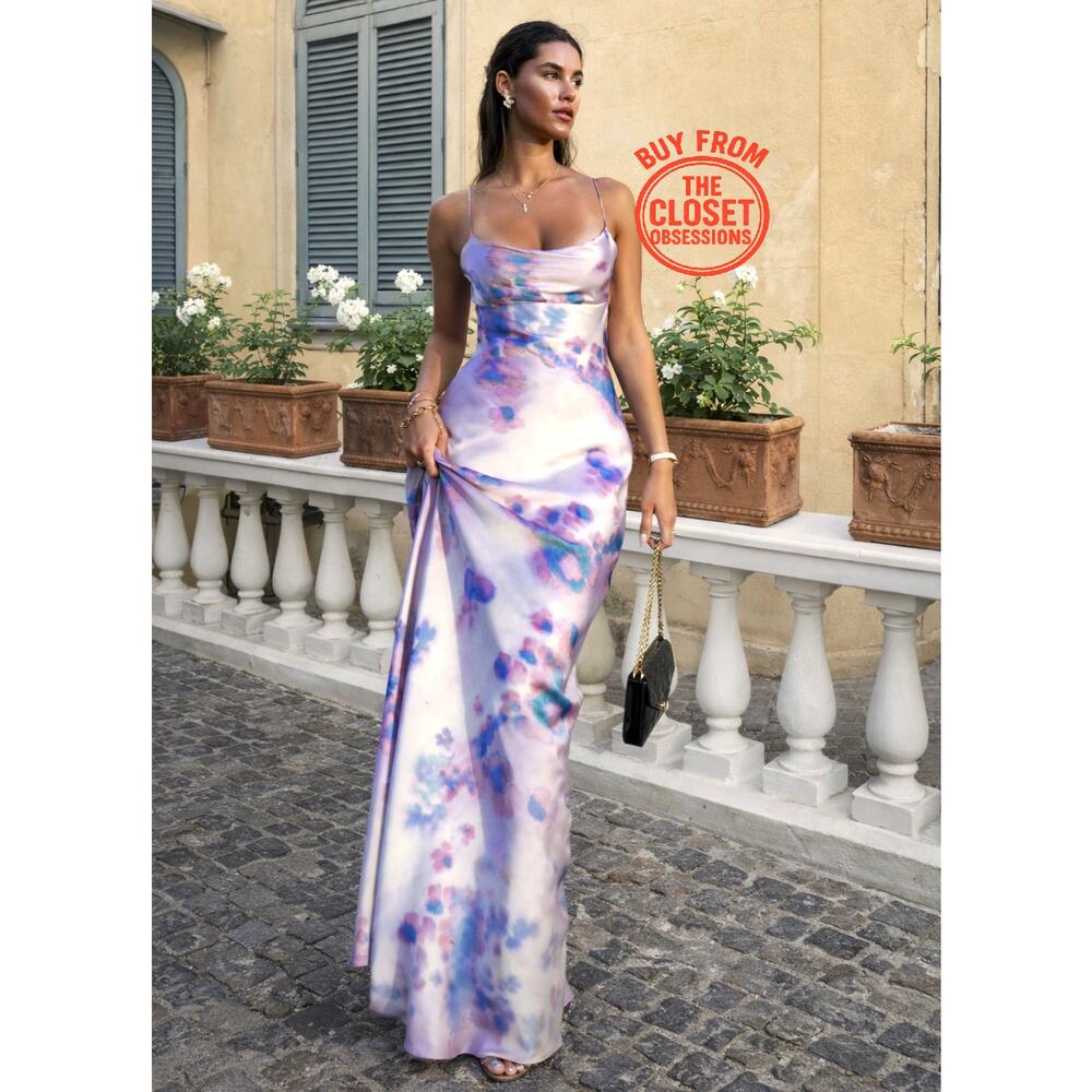 ZARA Watercolor Floral Maxi Dress NWT Cowl Neck Open Back Wedding Guest M L - Picture 6 of 16